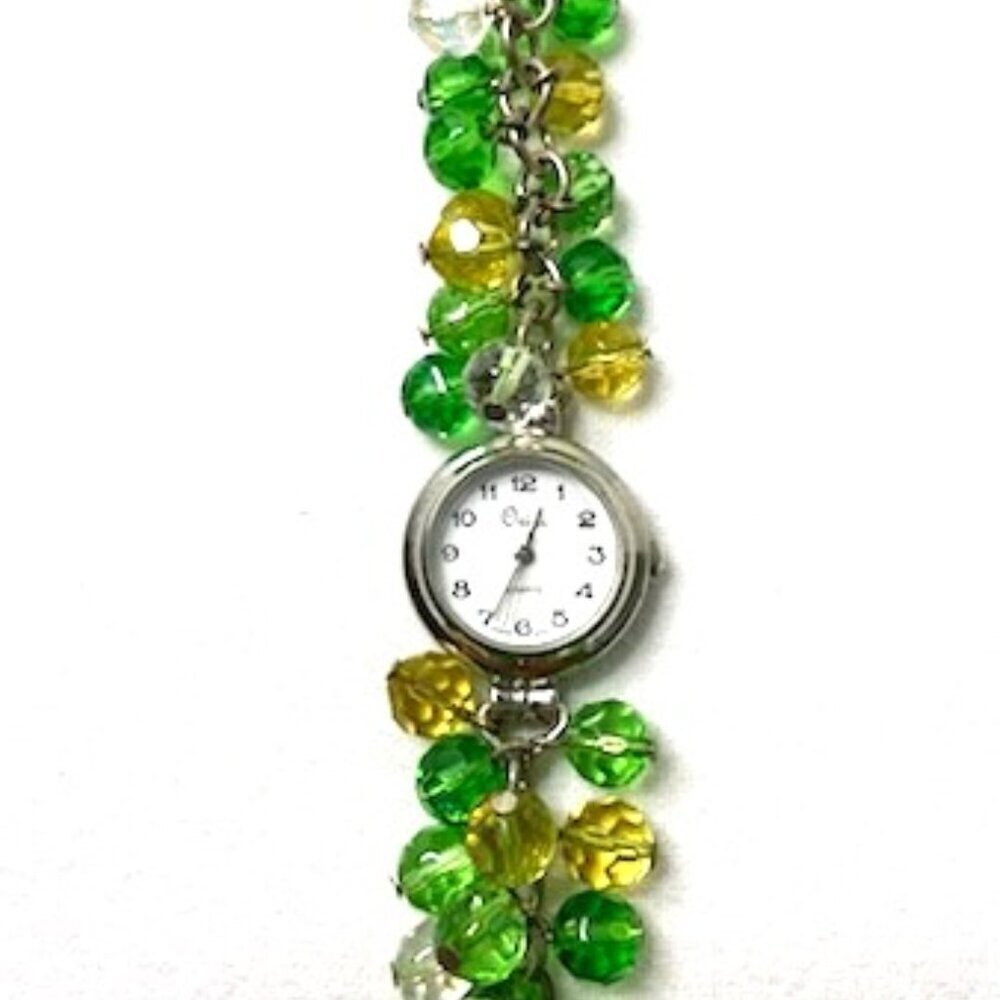 Orini Watch Green Yellow Beaded Bracelet Band White Face Silver Tone Toggle